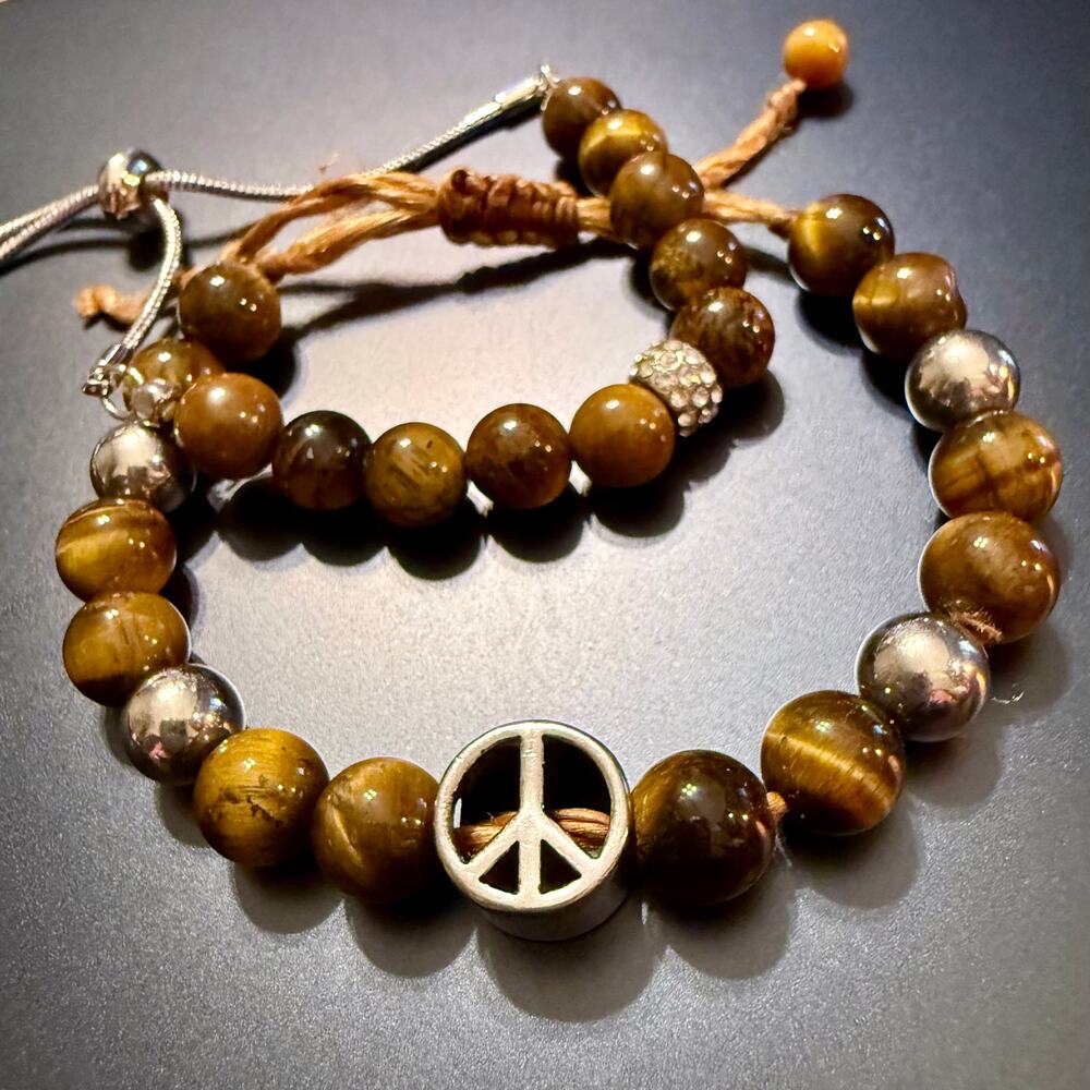 Pair of Adjustable Tigers Eye Beaded Bracelets Peace Crystal - Picture 4 of 8